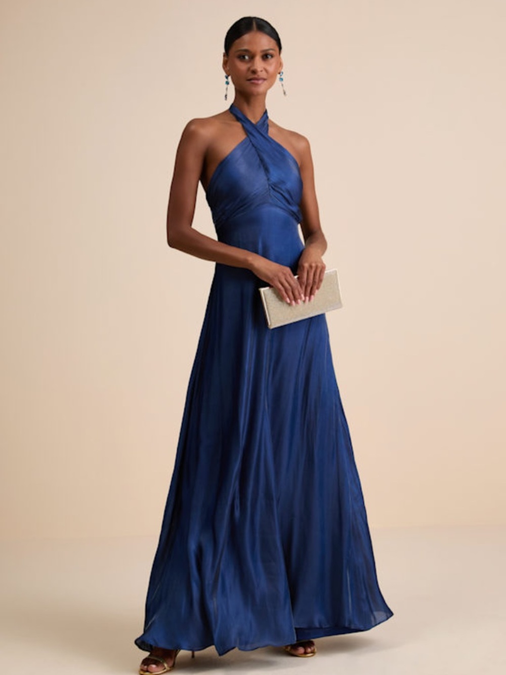 Lulus Canley Blue Satin Cross-front Halter Maxi Dress - Size L